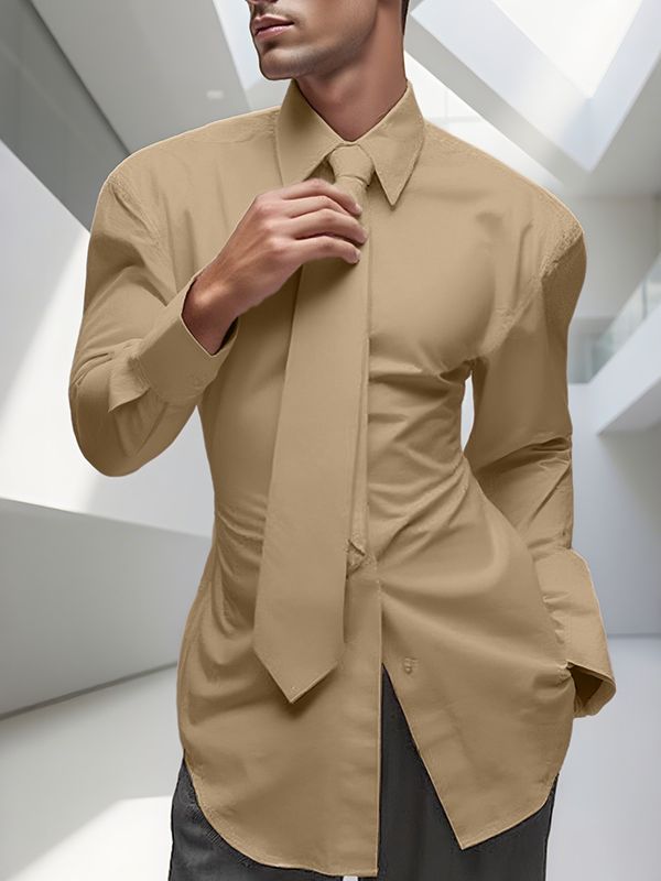 Men's Solid Waist Tie Long Sleeve Shirt SKUL31936