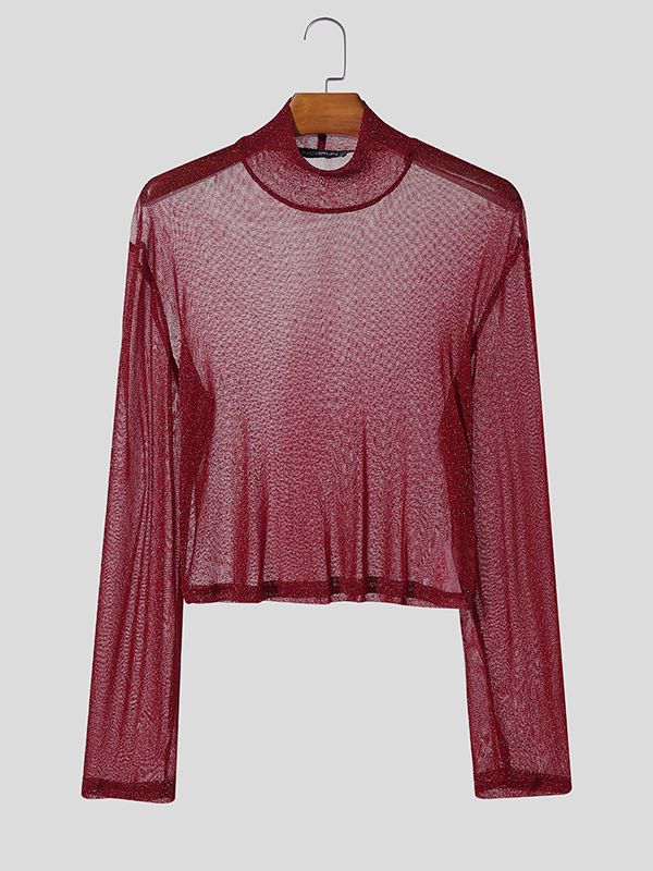Men's Party Style Shiny Cropped Long Sleeve T-Shirt SKUL37694