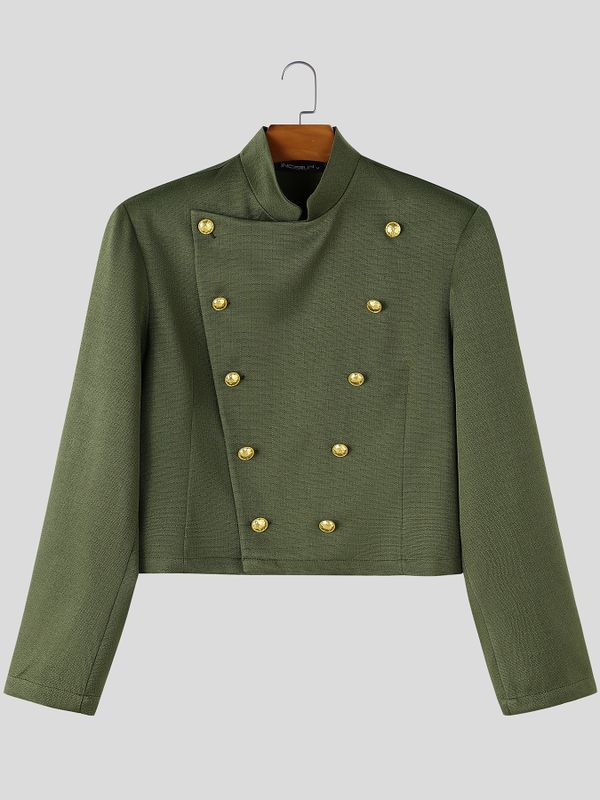 Men's Avant-Garde Retro Military Double-Breasted Gold Button Long Sleeve Stand Collar Cropped Jacket SKUL82410