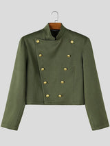 Men's Avant-Garde Retro Military Double-Breasted Gold Button Long Sleeve Stand Collar Cropped Jacket SKUL82410