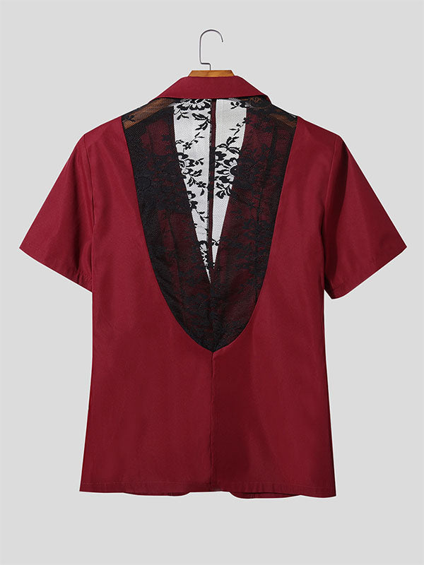 Men's Sheer Lace Patchwork Short Sleeve Blazer SKUL24600