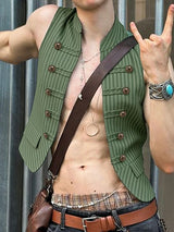 Men's Military Pinstripe Mandarin Collar Double-Breasted Waistcoat SKUL57694