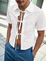 Men's Avant-Garde D-Ring Buckle Strap Open-Front Short Sleeve Shirt SKUL63076