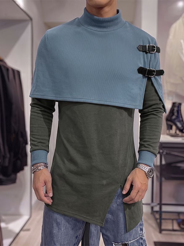 Men's Avant-Garde Buckle Strap Cape Overlay Asymmetric Hem Long Sleeve Mock Neck T-shirt SKUL82399