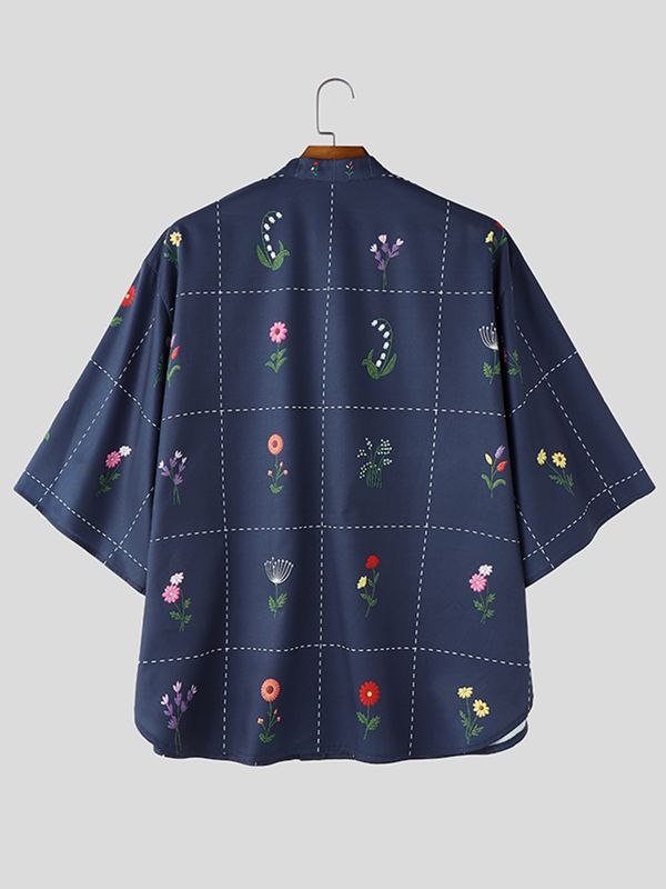 Men's Avant-Garde Neo-Chinese Dotted-Grid Floral Print Short Sleeve Shirt SKUL72451