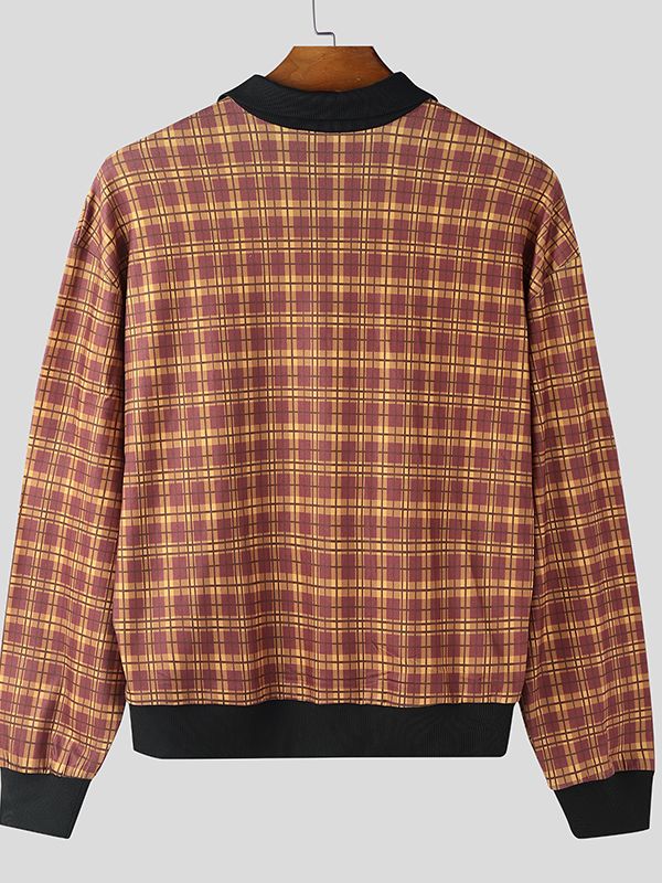 Men's Contrast Color Plaid Collar Long Sleeve Shirt SKUL48632