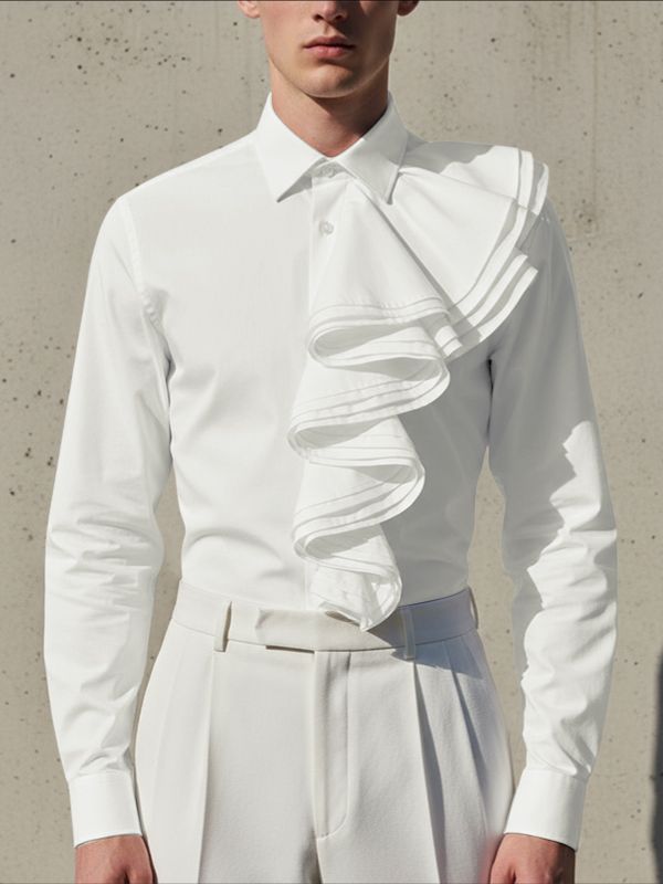 Men's Solid Color Ruffle Patchwork Long Sleeve Shirt SKUL42286