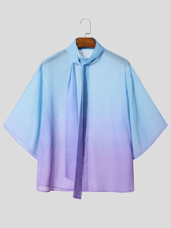 Men's Elegant Romantic Gradient Sheer Tie Neck Wide Sleeve Shirt SKUL66215