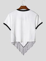 Men's Number Print Sheer Lace Patchwork Short Sleeve T-Shirt SKUL22539