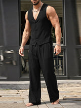 Men's Summer Casual Textured Deep V-Neck Two Pieces Outfit SKUL69692