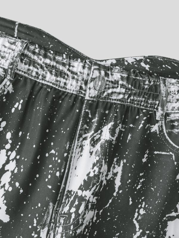 Men's Faux Denim Splatter Print High-Waisted Booty Short SKUL75678