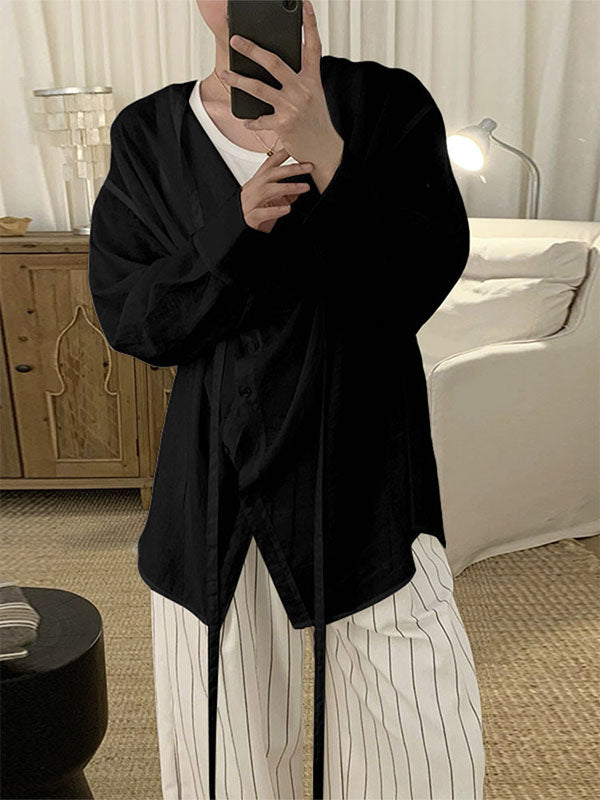 Men's Loose Ribbon Long Sleeve Shirt SKUL24764