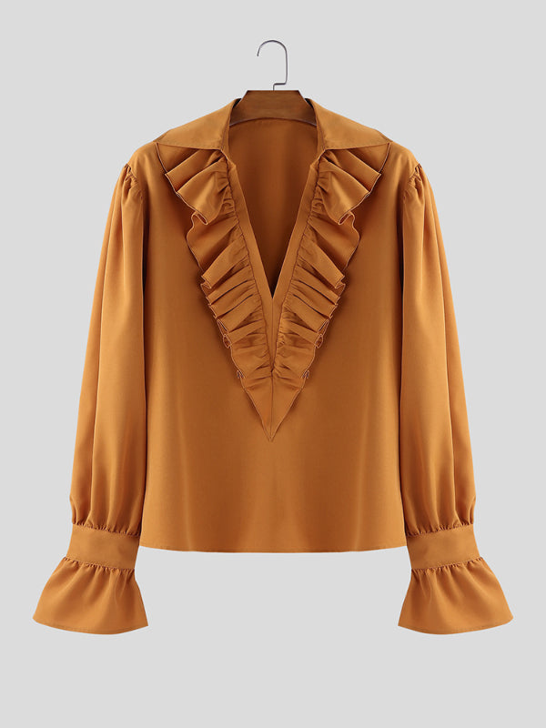 Men's Solid Ruffle Collar Patchwork Long Sleeve Shirt SKUL27259