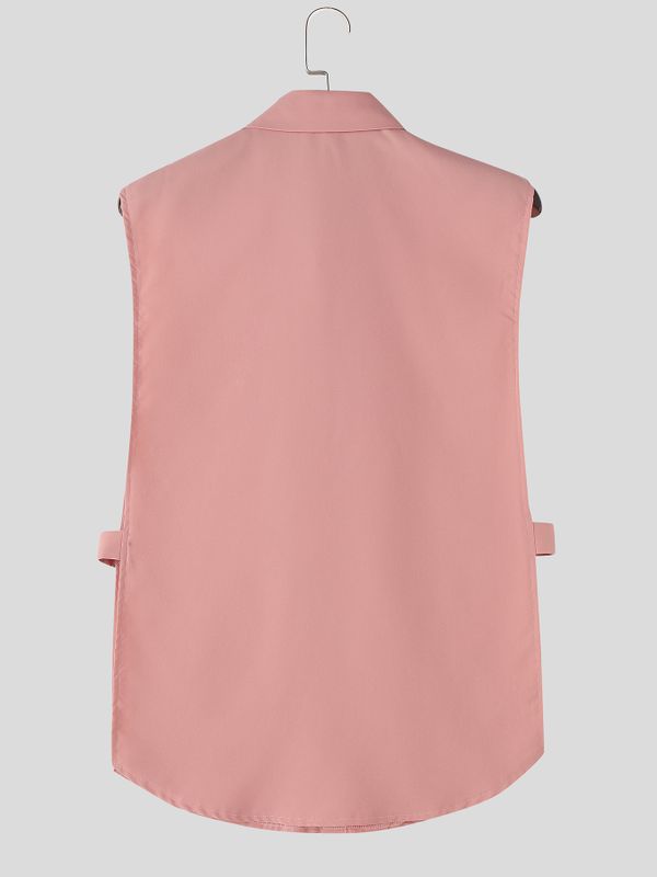 Men's Avant-Garde Pointed Collar Open Side Strap Detail Sleeveless Shirt SKUL68073