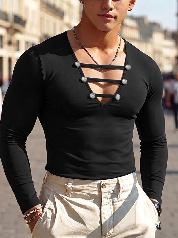 Men's High-End Clubwear Deep V-Neck Strappy Muscle Fit Long Sleeve Shirt SKUL77302