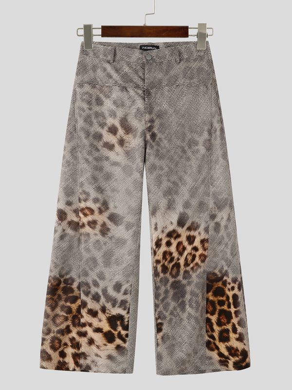 Men's High-Street American Vintage Snow Washed Gradient Leopard Print Wide-Leg Drape Pant SKUL68323
