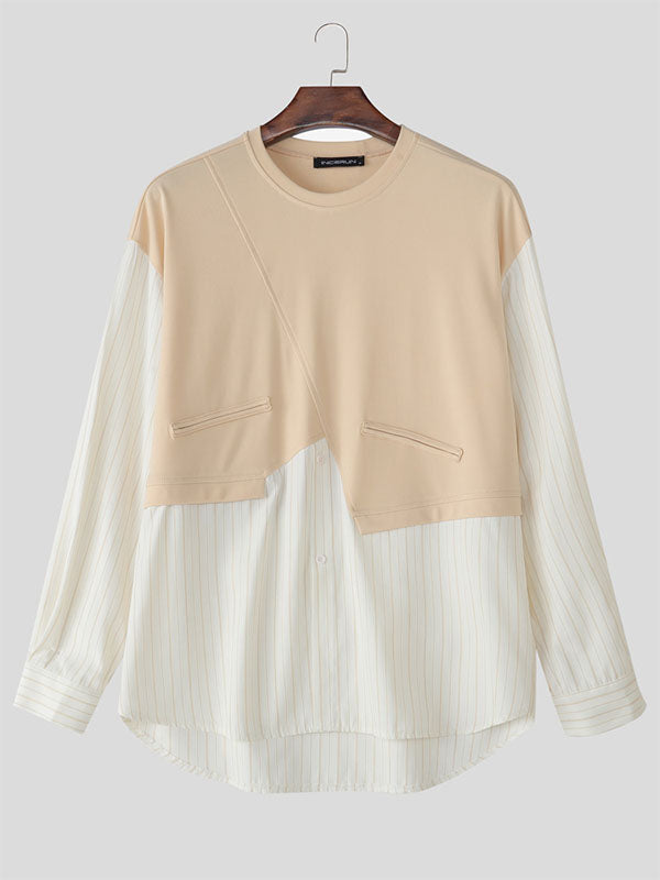 Men's Faux Two-Piece Striped Long Sleeve Shirt SKUL28317