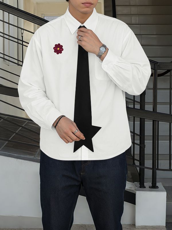 Men's Floral Decor Star Tie Long Sleeve Shirt SKUL34233