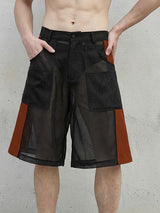 Men's See-Through Mesh Patchwork Wide Leg Front Pocket Loose Fit Short SKUL57798