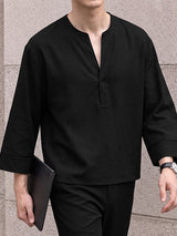 Men's Chill Relaxed City Walk Drop Shoulder Contrast Trim 3/4 Wide Sleeve Shirt SKUL85484
