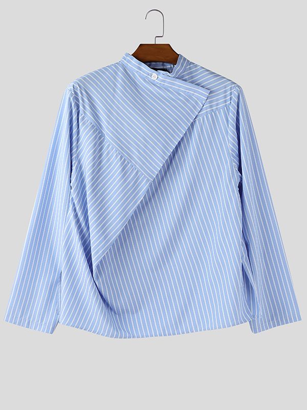 Men's Stripe Asymmetric Layered Stand Collar Long Sleeve Shirt SKUL50909