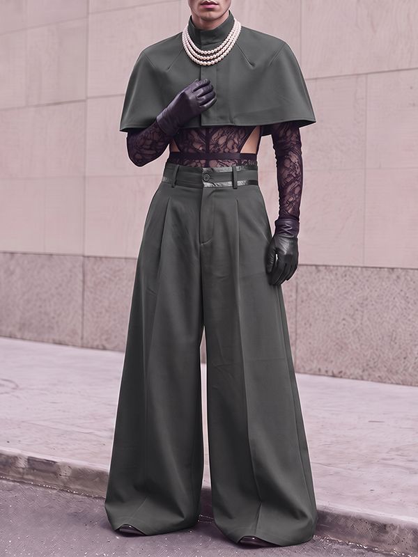 Men's Avant-Garde Deconstructed Stage Runway Stand Collar Cropped Capelet Wide-Leg Two Pieces Outfit SKUL85213
