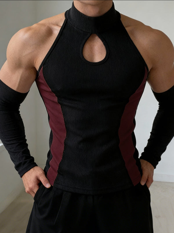 Men's Cut-Out Contrast Color Long Sleeve T-shirt SKUL53185