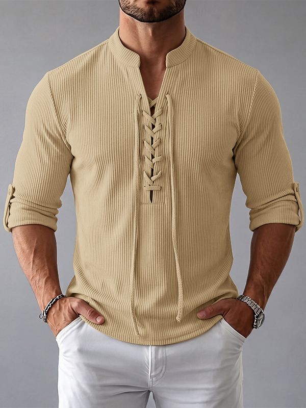 Men's Early Autumn Urban Casual Drawstring Front Textured Long Sleeve T-shirt SKUL81069