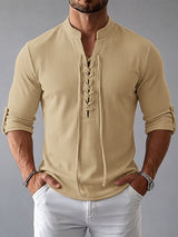 Men's Early Autumn Urban Casual Drawstring Front Textured Long Sleeve T-shirt SKUL81069