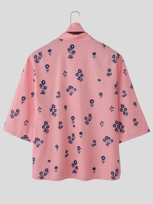 Men's Vintage Floral Print Lace-up Front Short Sleeve Scarf Shirt SKUL53038