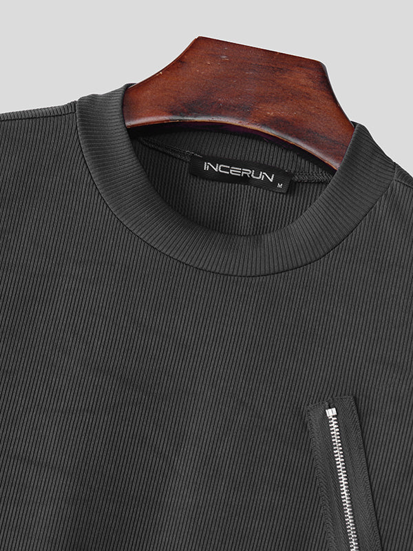 Mens Solid Color Zipper Patchwork Short Sleeve T-Shirt SKUK96756