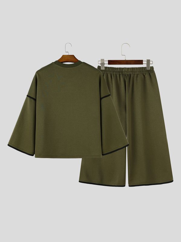 Men's Urban Streetwear City Walk Contrast Trim Oversized Drop-Shoulder Two Pieces Outfit SKUL84618