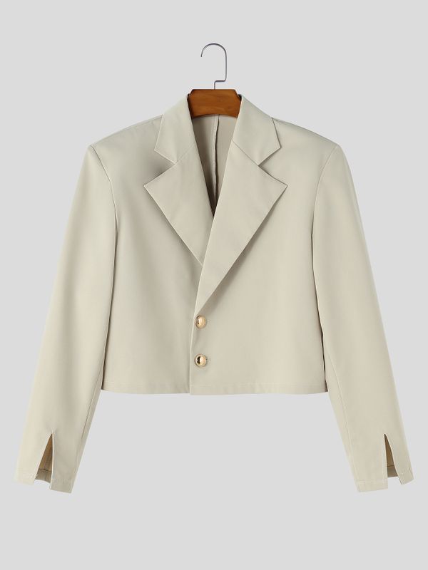 Men's Smart Chic Evening Gala Wide Lapel Gold Button Slit Cuff Cropped Blazer SKUL85521