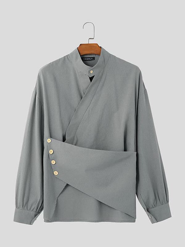 Mens Simple Irregular Hem Long Sleeve Shirt SKUK98804