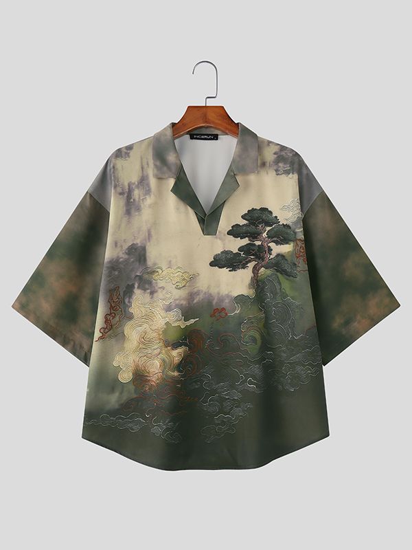 Men's Ink Style Landscape Print Gradient Short Sleeve T-shirt SKUL47727