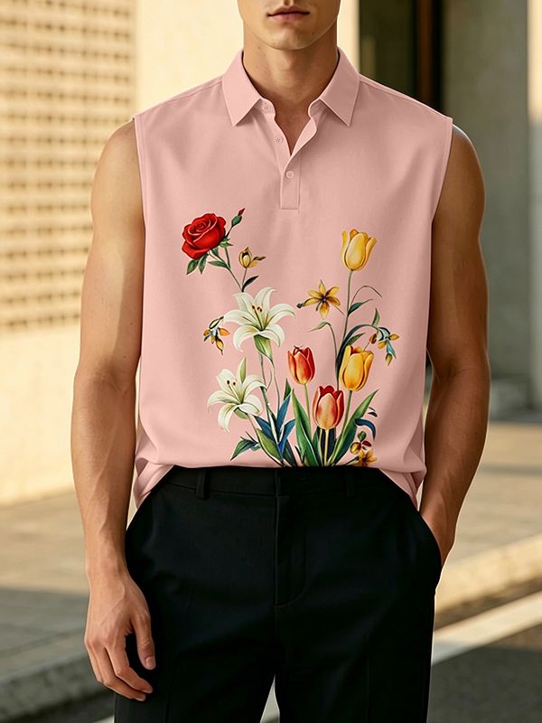 Men's Casual Daily Wear Floral Print Sleeveless Polo Collared Tank SKUL61919