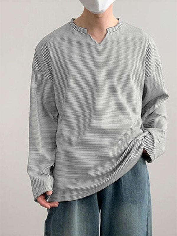 Men's Striped Small V Neck Long Sleeve T-Shirt SKUL22199