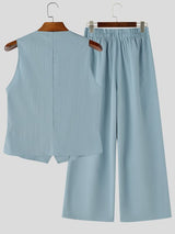 Men's Summer Casual Textured Deep V-Neck Two Pieces Outfit SKUL69692