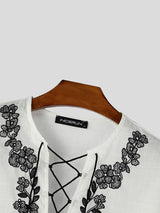 Men's Retro Resort Floral Embroidery Lace-Up Lantern Long Sleeve V-Neck Shirt SKUL79730