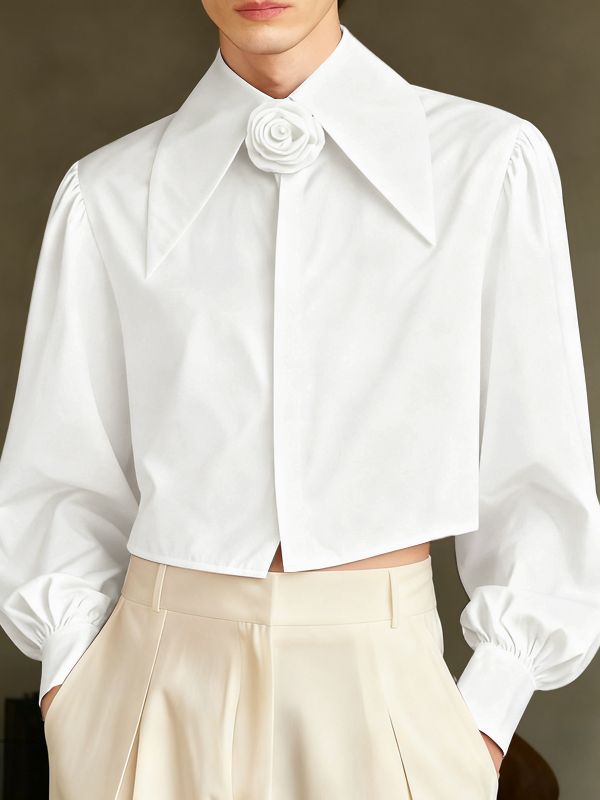 Men's 3D Floral Patchwork Cropped Long Sleeve Shirt SKUL45336