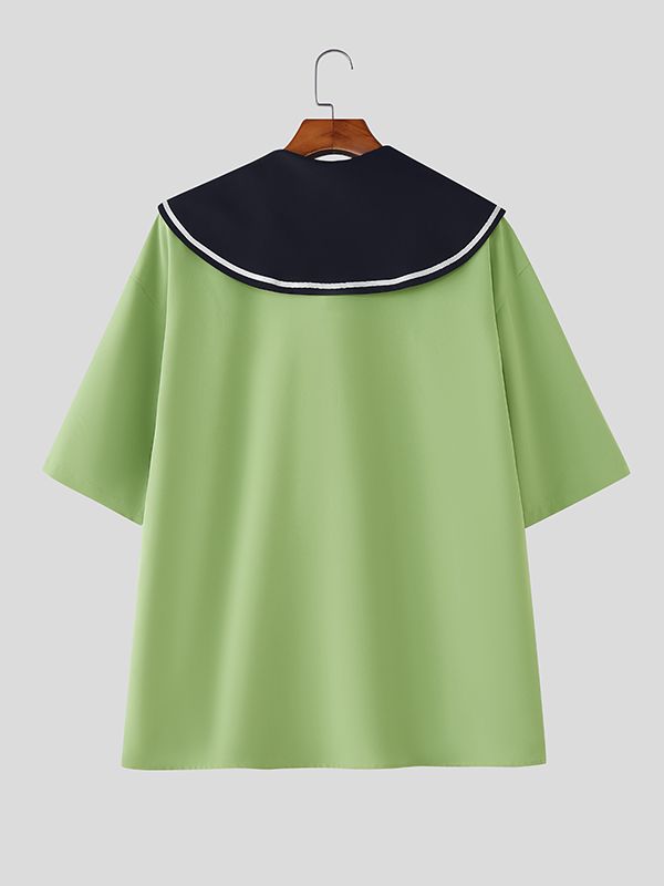 Men's Contrast Color Floral Sailor Collar Tie Shirt SKUL41283