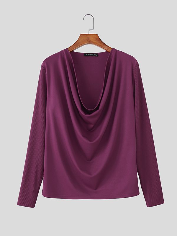 Men's Textured Patchwork Draped Neck Long Sleeve T-shirt SKUL52670