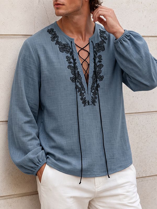 Men's Retro Resort Floral Embroidery Lace-Up Lantern Long Sleeve V-Neck Shirt SKUL79730