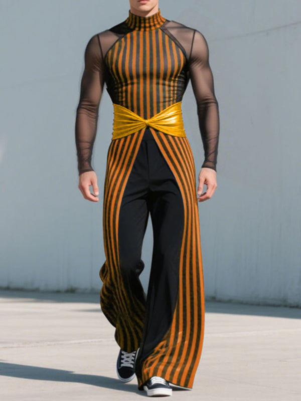 Men's Striped Colorblock Sheer Mesh Two Pieces Outfit SKUL25988