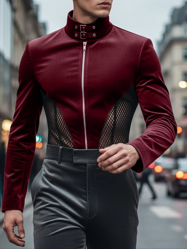Men's Deconstructed Sheer Mesh Patchwork Design Long Sleeve T-Shirt SKUL49961