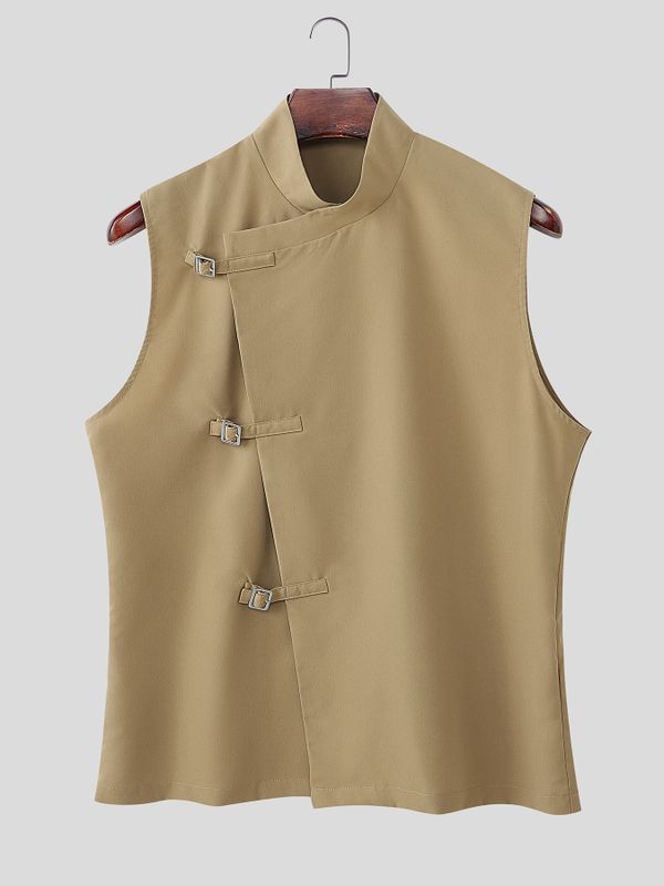 Men's Asymmetric Metal Buckle Strap Sleeveless Waistcoat SKUL61184