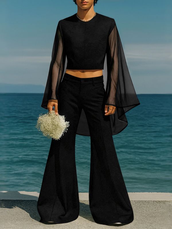 Men's Sheer Mesh Patchwork Cropped Two Pieces Outfit SKUL36344