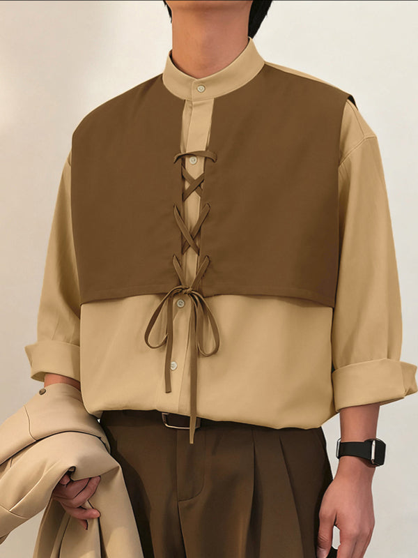 Men's Color Block Drawstring Long Sleeve Shirt SKUL39391