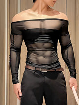 Men's Sheer Mesh Off Shoulder Long Sleeve T-shirt SKUL39977
