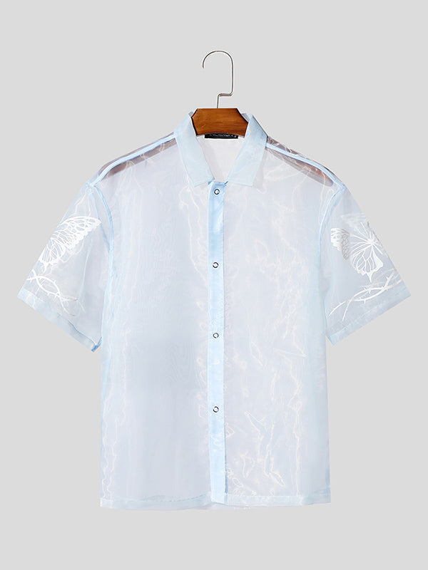 Mens Butterfly Print Mesh Sheer Short Sleeve Shirt SKUL08501